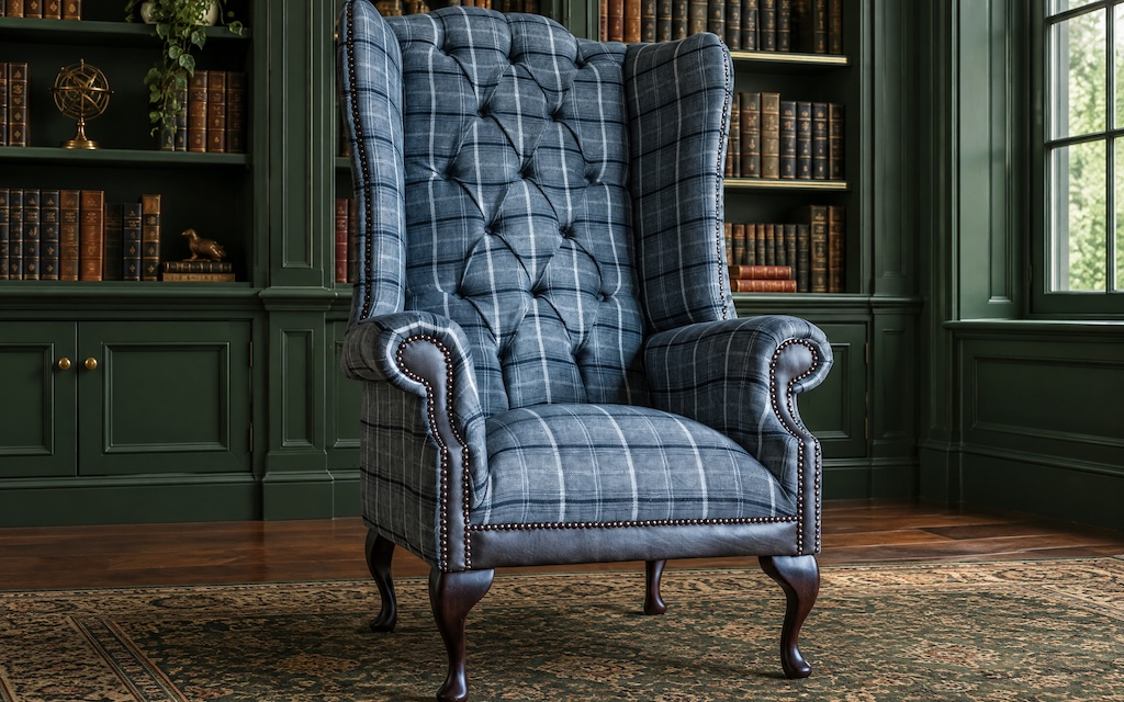 Conrad Chesterfield Wing Chair – Grey Tweed