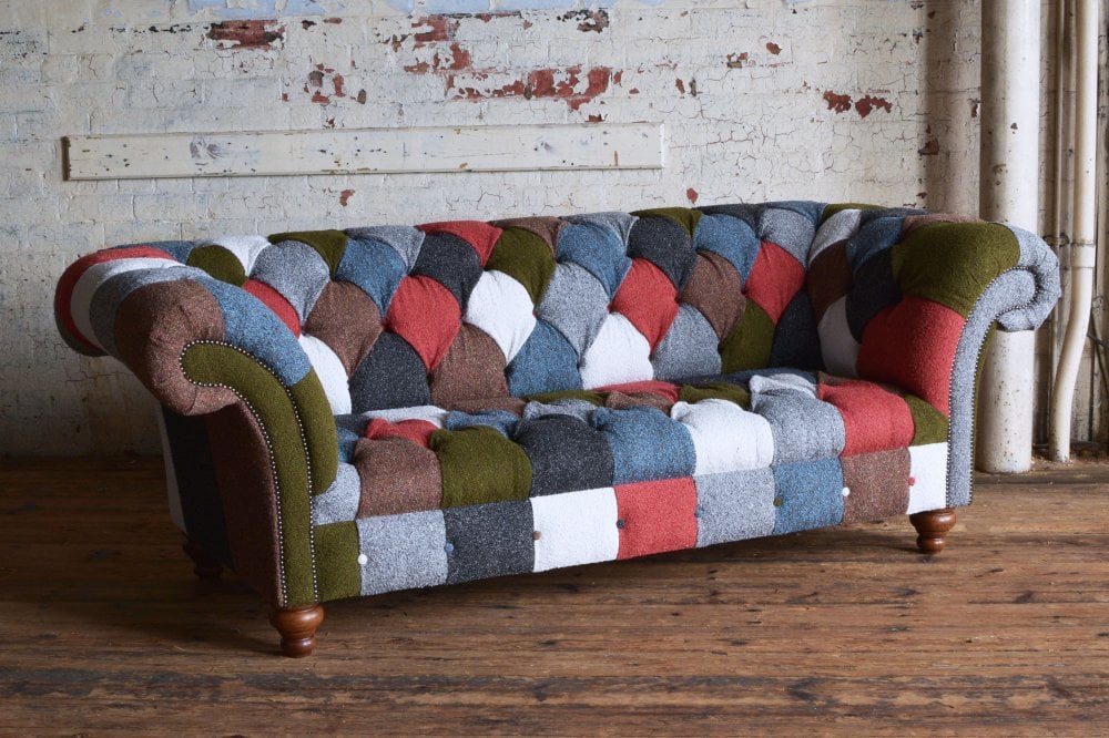 3 Seater Boucle Patchwork Chesterfield Sofa