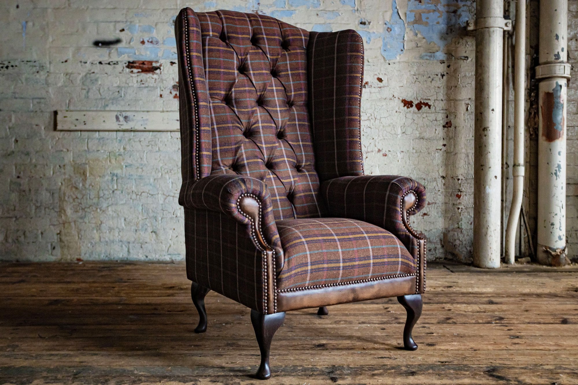 Conrad Chesterfield Wing Chair – Dark Brown Tweed