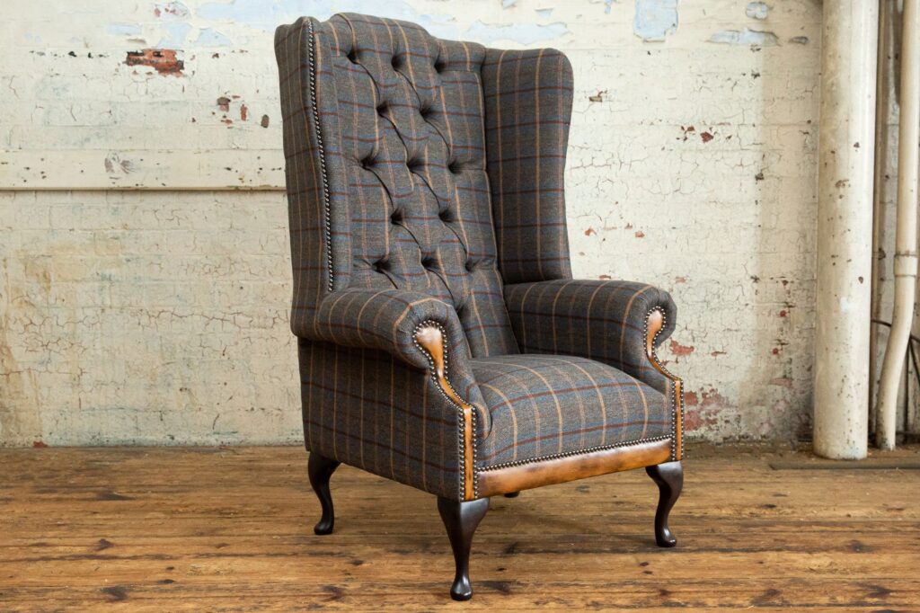 Conrad Chesterfield Wing Chair – Tan Brown Tweed
