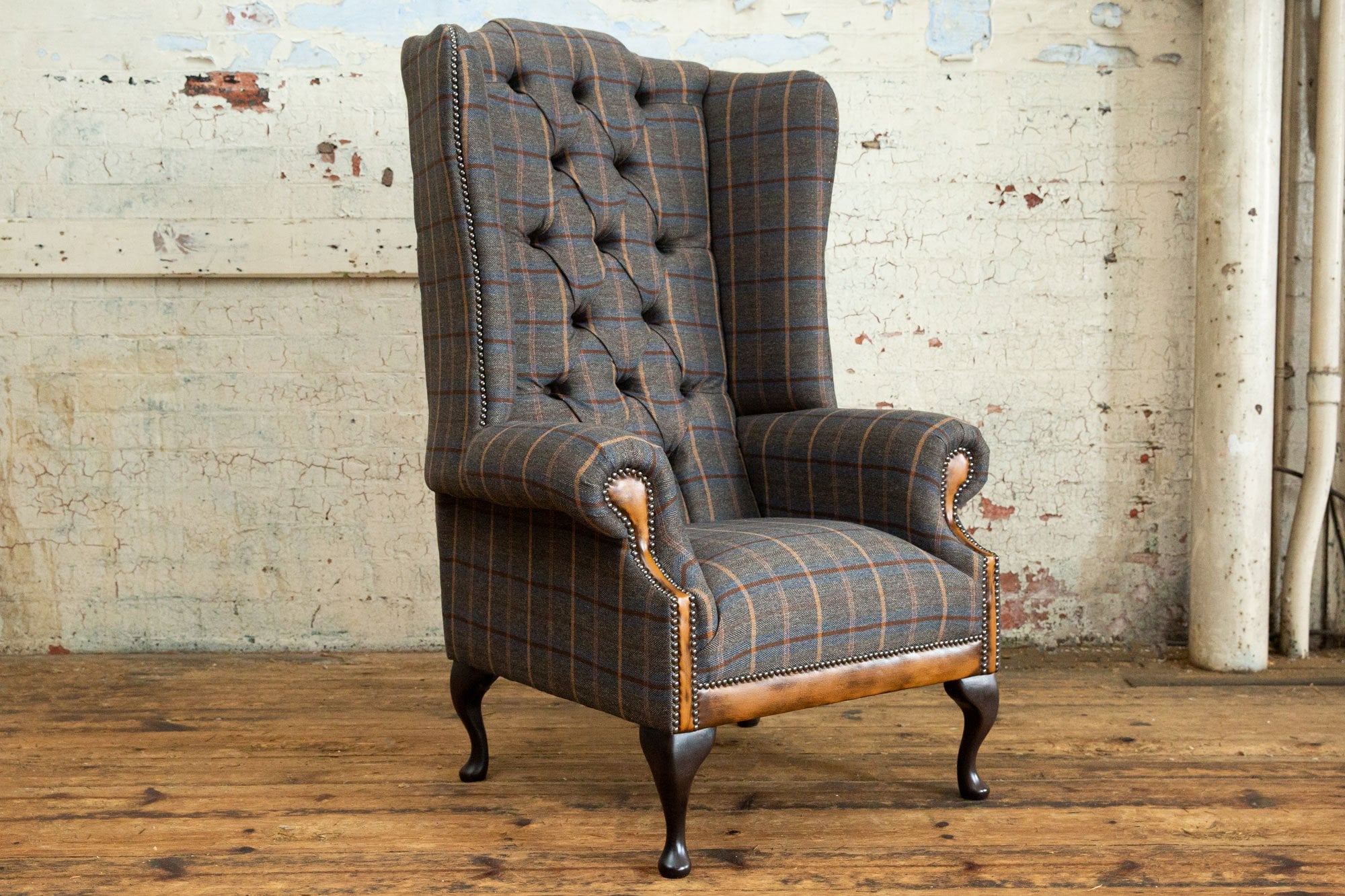 Conrad Chesterfield Wing Chair – Tan Brown Tweed