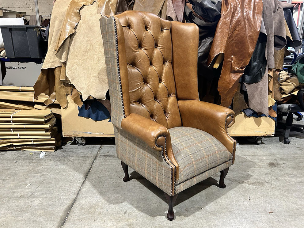 Ex Display Tan Leather With Spruce Tweed Fabric Chesterfield Wing Chair