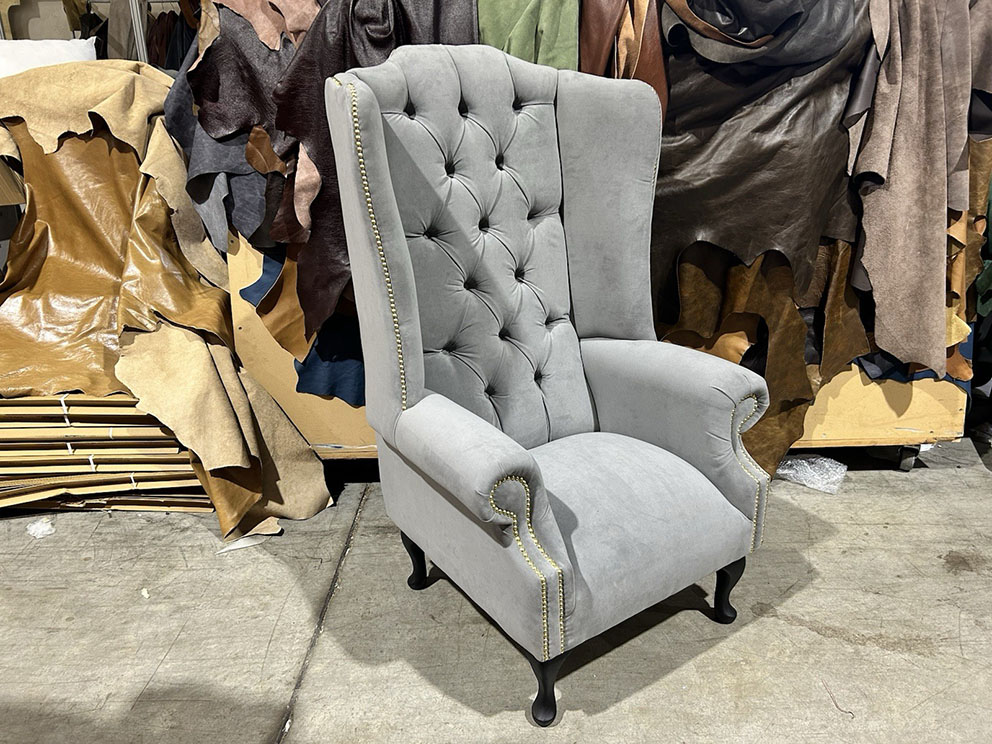 Ex Display Grey Velvet Chesterfield Wing Chair