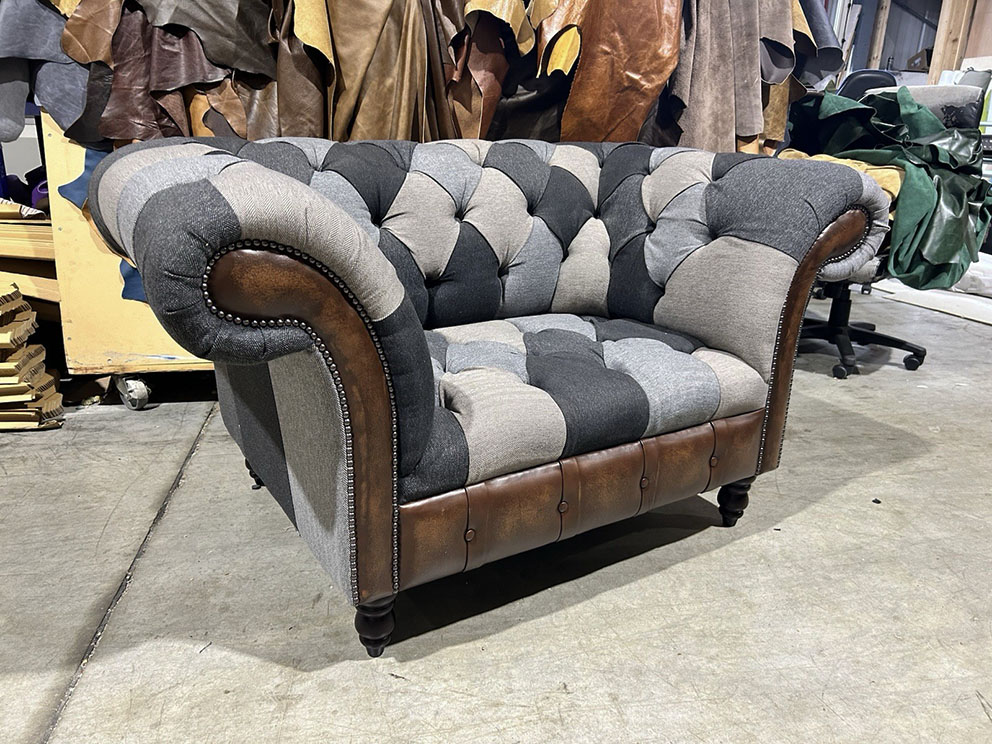Ex-display Chesterfield Grey Herringbone Wool Patchwork Snuggle Chair