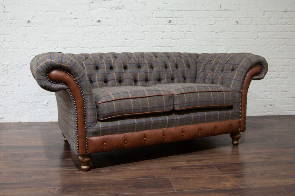 2 Seater Conrad Chesterfield Sofa – Tan Brown Tweed & Duno Hazel Leather