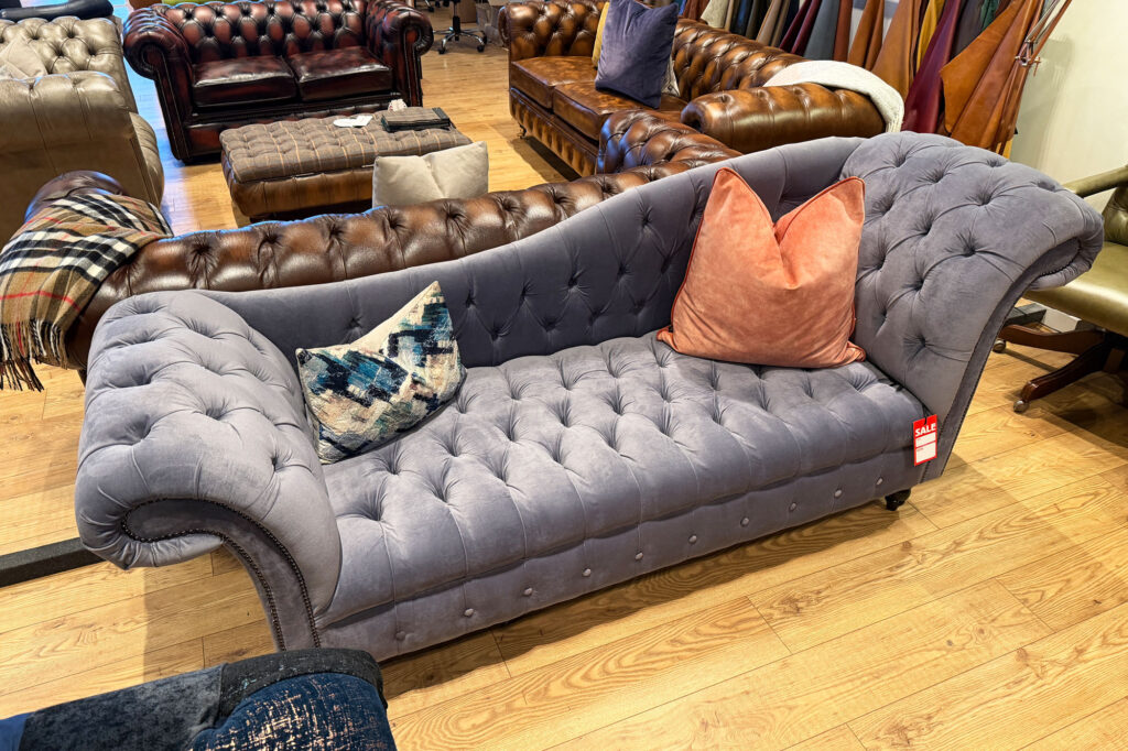 3 Seater Mayfair Chesterfield Chaise Lounge – Aqua Clean Slate Velvet